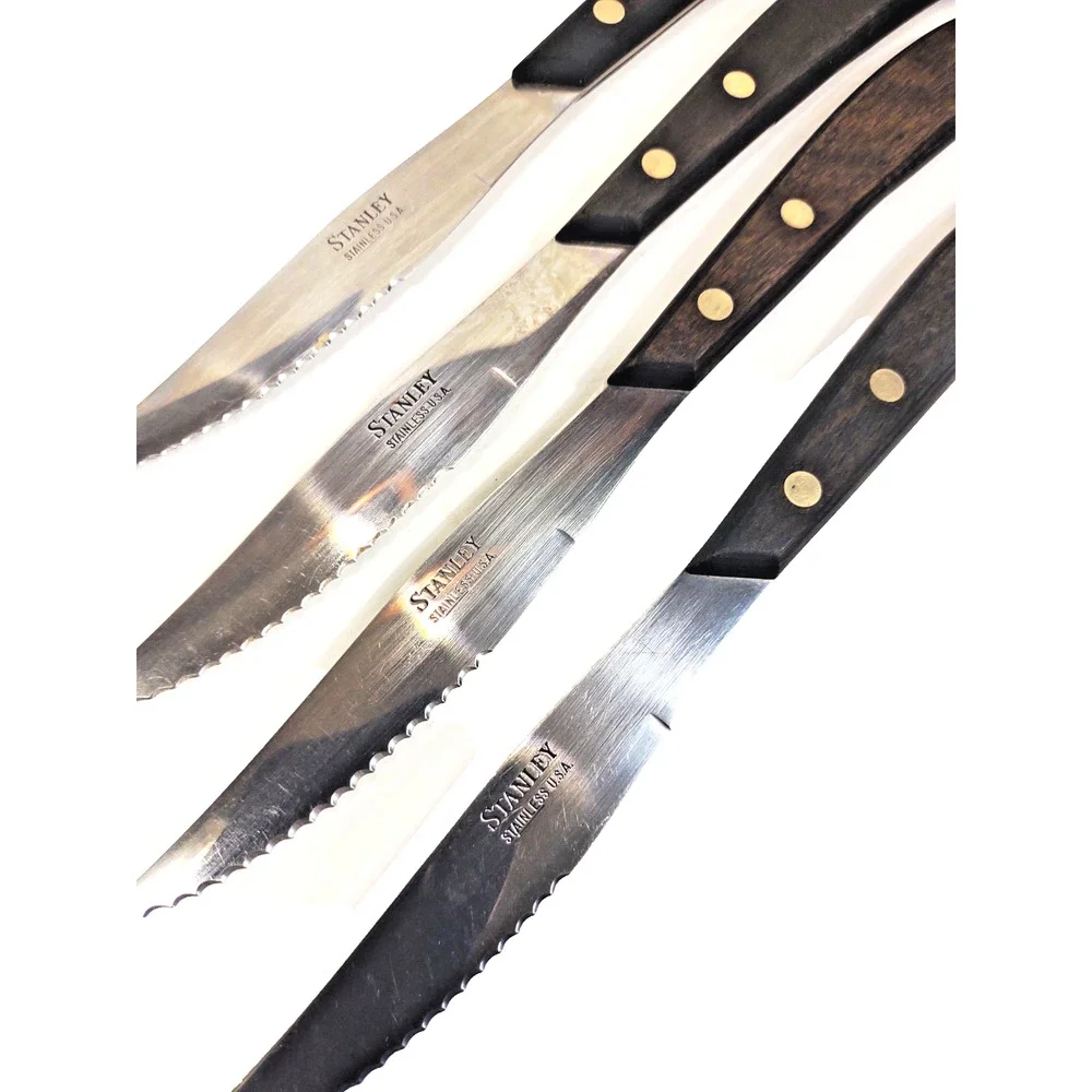 Vintage Stanley Steak Knives Stainless Steel Curved Wood Handle Tang 4 Pack